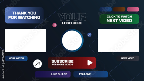 Youtube end screen template with bento grid style theme, minimalist dark background