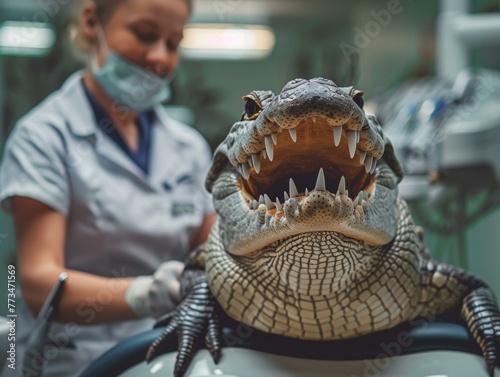 A woman in a white coat holding an alligator on the table. Generative AI. © serg3d