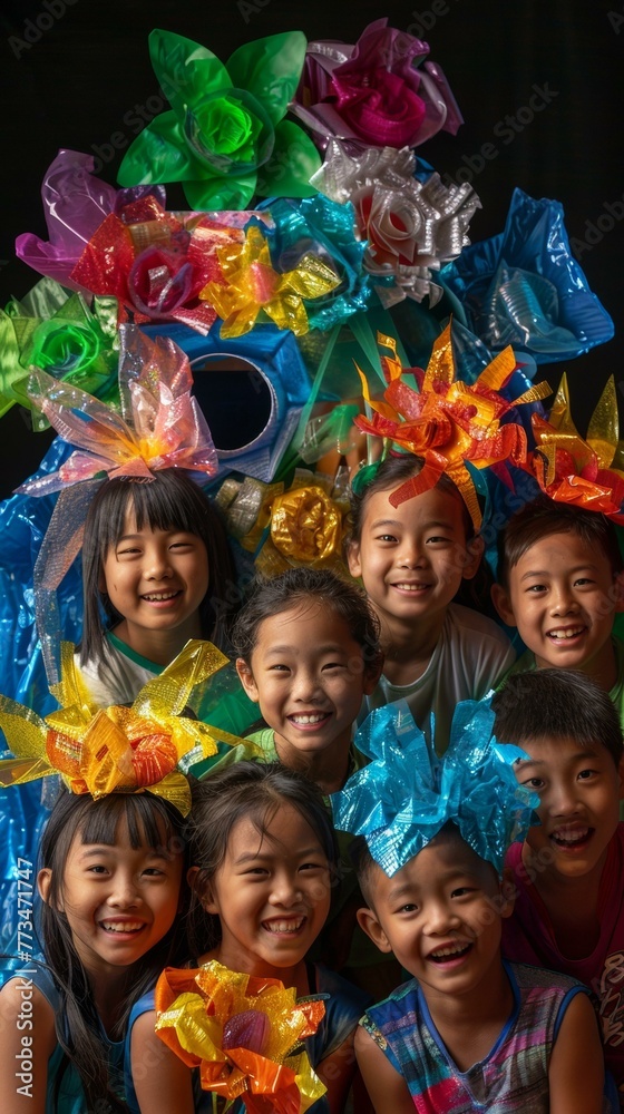 A group of children posing for a picture with colorful hair bows. Generative AI.