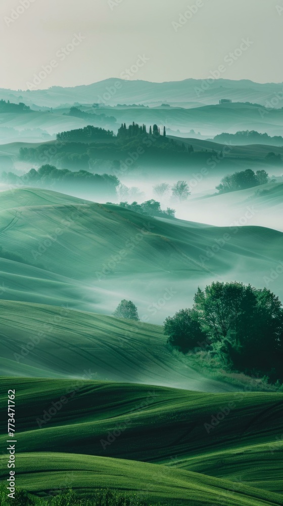 Fototapeta premium A view of a green field with trees and fog. AI.