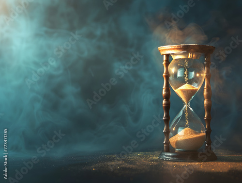 A sand timer is shown with smoke in the background. The smoke gives the scene a mysterious and ethereal feel