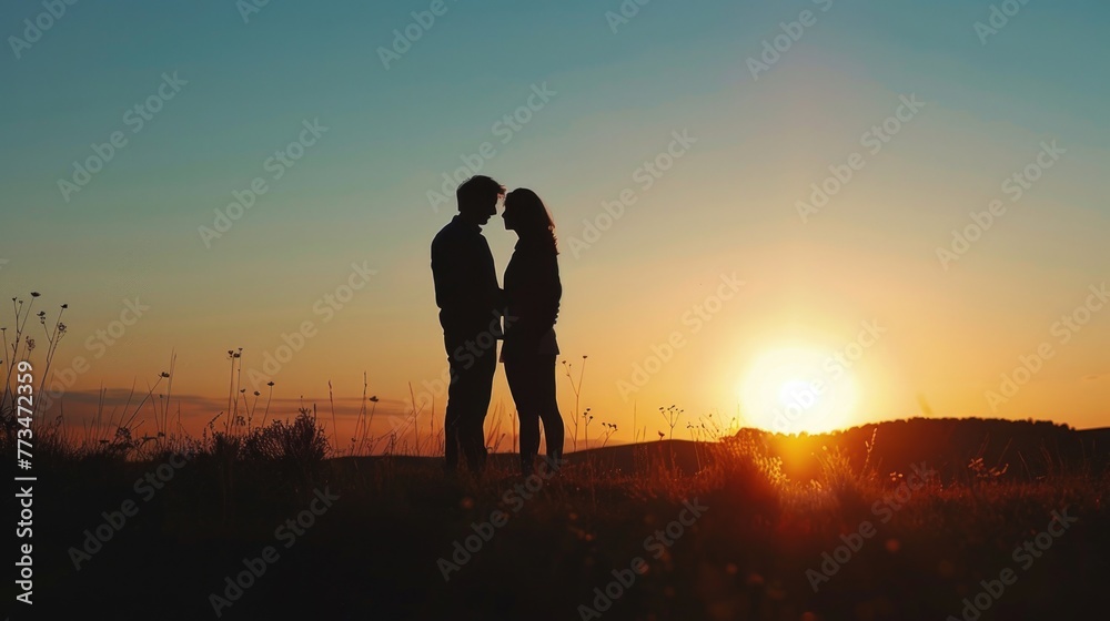 Man and woman standing in a field at sunset, perfect for romantic concepts