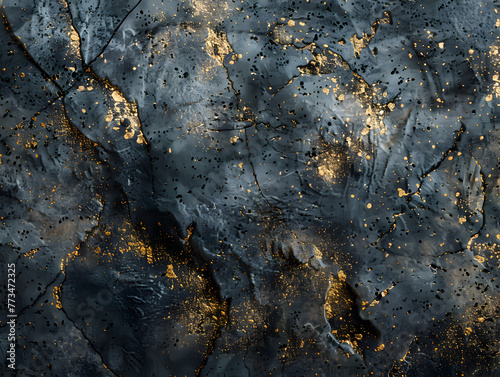 A wall with a gold and black paint splatter design. The wall is made of concrete and has a rough texture