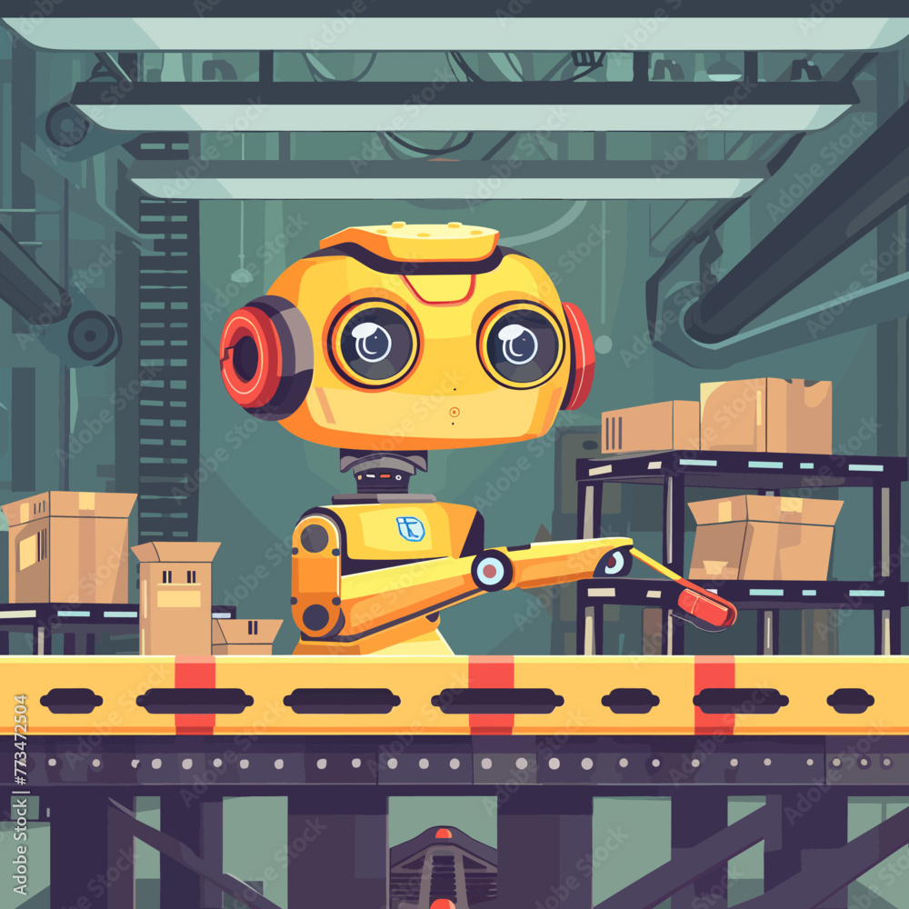 Vector cartoon style illustration of robot working in warehouse. Industrial background. Vector cartoon style illustration of robot working in warehouse. Industrial background.