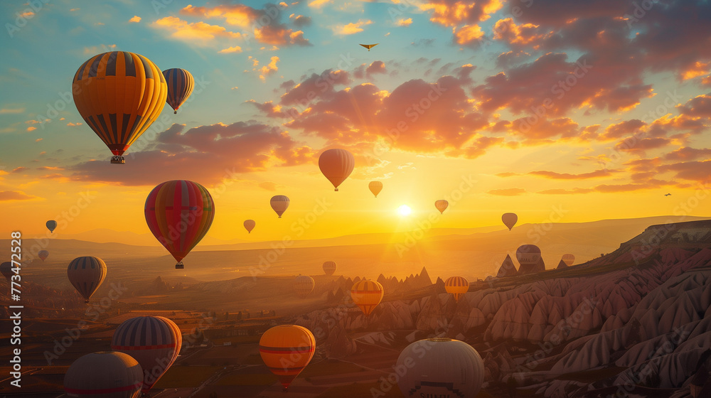 Naklejka premium hot air balloons floating gracefully in the sky. They are illuminated by the golden hues of a sunrise or sunset