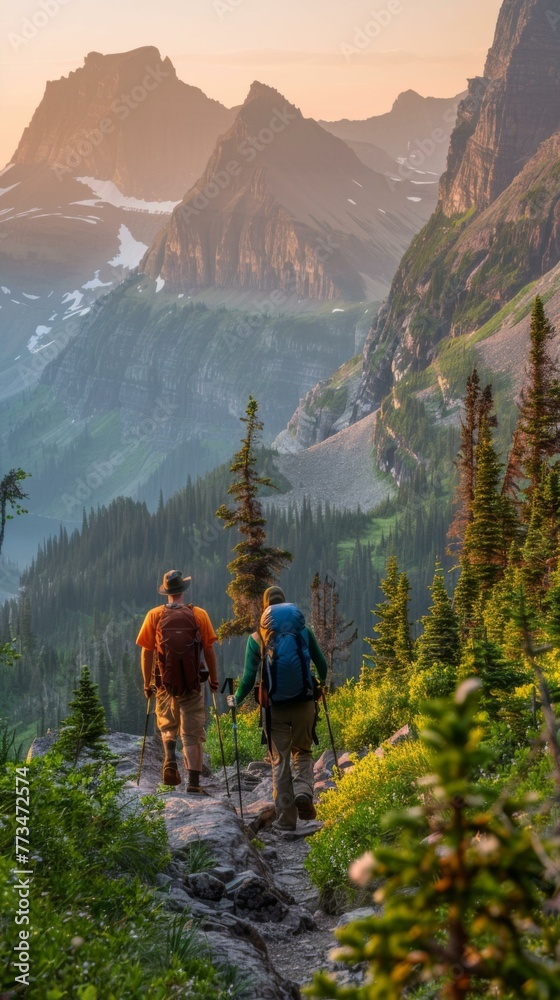 Two hikers are hiking up a mountain trail in the mountains. AI.