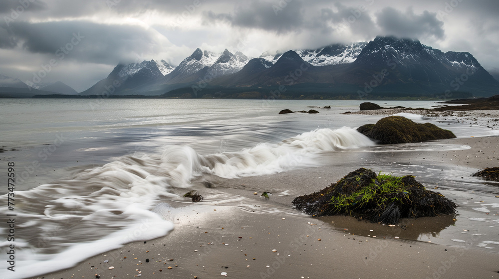 tranquil sea with gentle waves washing ashore, rocks covered with green moss scattered along the sandy beach, and majestic snow-capped mountains standing in the background tranquil sea with gentle waves washing ashore, rocks covered with green moss scattered along the sandy beach, and majestic snow-capped mountains standing in the background