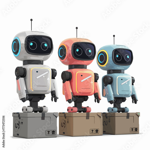Robots with boxes isolated on a white background. Vector illustration.