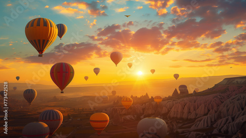 hot air balloons floating gracefully in the sky. They are illuminated by the golden hues of a sunrise or sunset