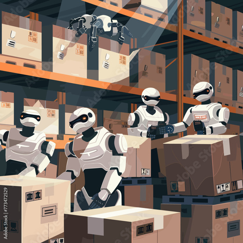 Robots working in warehouse. Vector illustration in flat cartoon style.