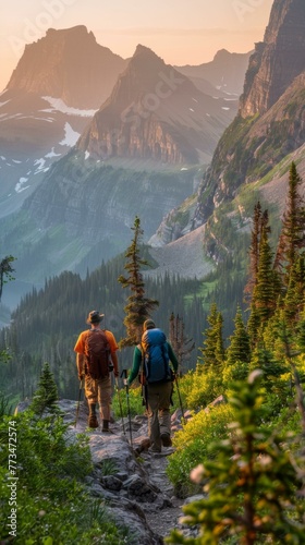 Two hikers are hiking up a mountain trail in the mountains. AI.