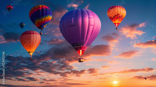 hot air balloons in the sky during sunset