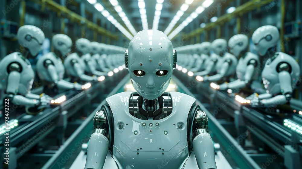 A robot is standing in a factory with many other robots. Generative AI. A robot is standing in a factory with many other robots. Generative AI.
