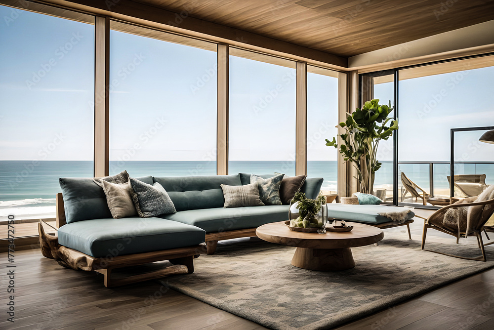 Transport viewers to a modern beachfront living room with expansive windows overlooking the ocean. Imagine a tranquil space filled with natural light
