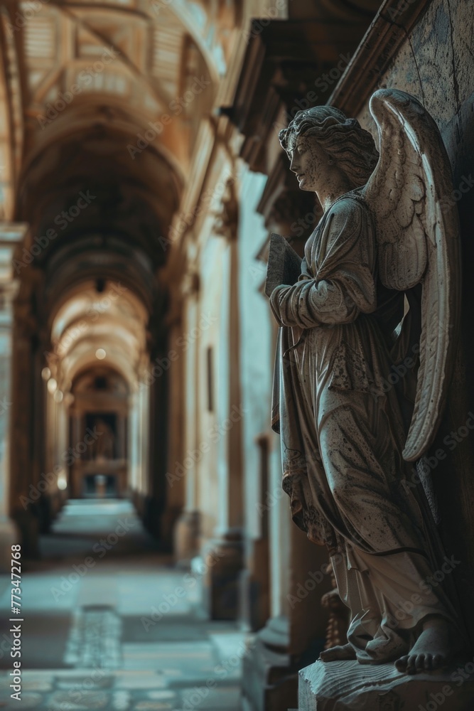 A serene angel statue in a quiet hallway, perfect for religious or peaceful concepts