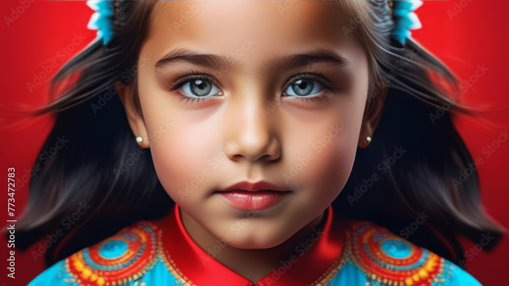 Cute mongoloid child portrait. ethnic asian kid girl on colored pop art ...