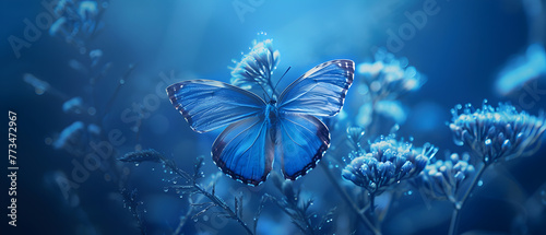 A blue butterfly is perched on a flower. The image has a serene and calming mood, as the butterfly is surrounded by a peaceful blue background © tracy