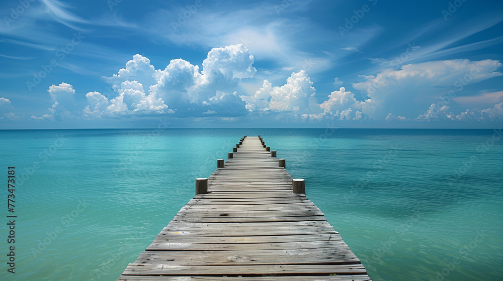 long wooden dock extending into a bright turquoise sea under a sunny sky with scattered white clouds