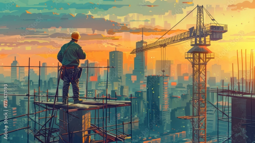 Construction worker overlooking cityscape - A construction worker gazes out onto a sprawling cityscape amid a vibrant sunset, contemplating the urban growth