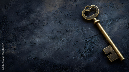 A golden key is on a black background. The key is the focus of the image © tracy