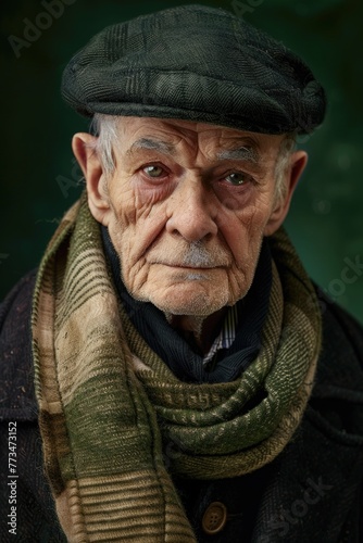 An elderly man dressed in a hat and scarf. Suitable for winter concepts