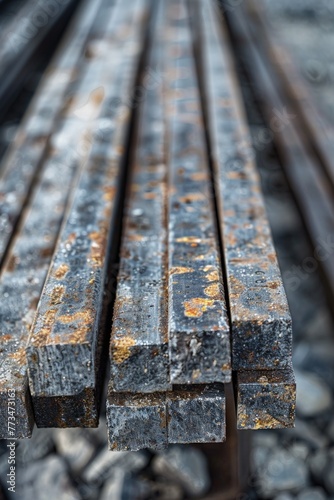 Metal bars resting on a pile of rocks, suitable for industrial concepts