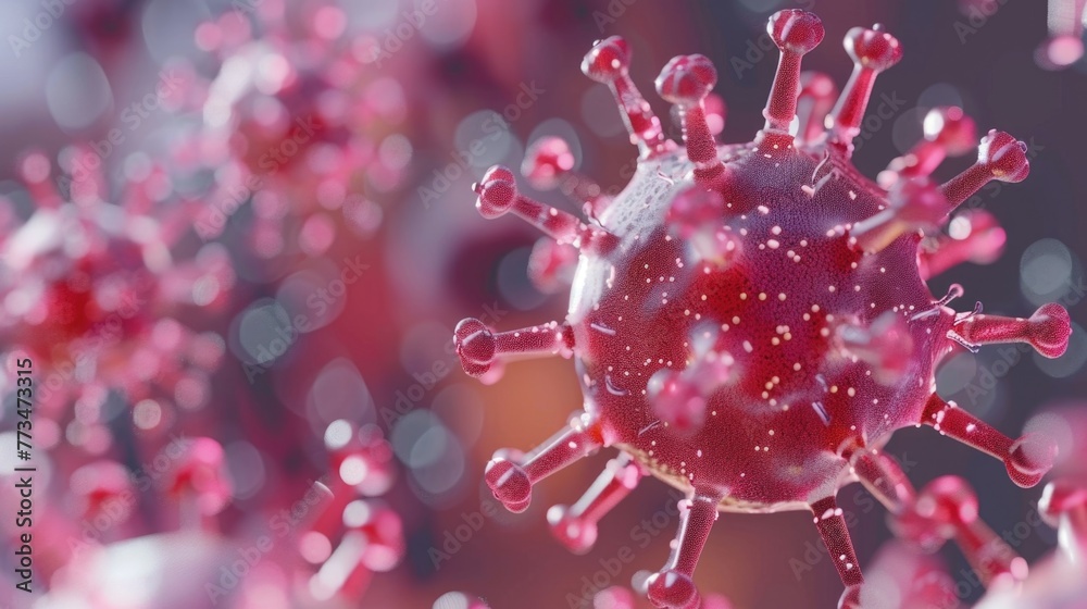 Detailed view of a red corona cell, suitable for scientific or medical concepts Detailed view of a red corona cell, suitable for scientific or medical concepts
