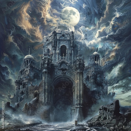 Ancient fortress under a surreal celestial sky - A fantastical portrayal of an ancient fortress nestled among wild seas under a dramatic sky with a full moon