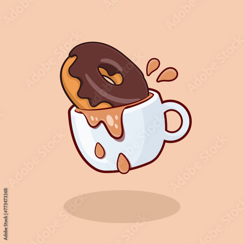 Chocolate donut dipped into a coffee mug, cappuccino and donut vector illustration