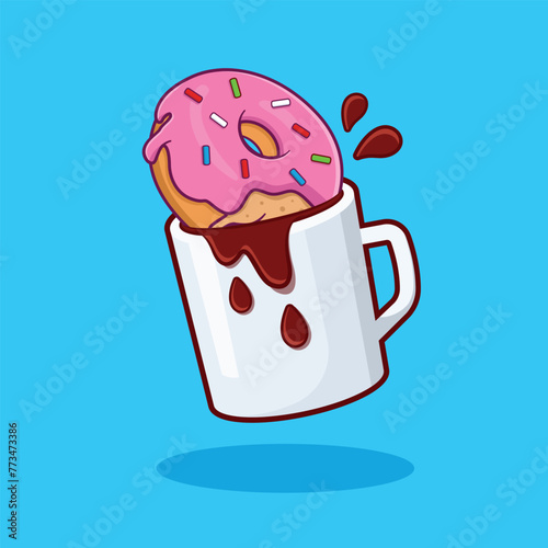 Strawberry pink donut dipped into a coffee mug vector illustration © xphar
