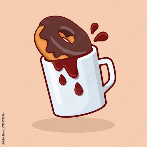 Chocolate donut dipped into a coffee mug vector illustration © xphar
