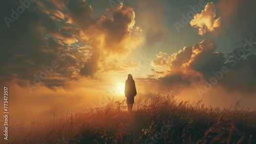 Solitary figure in golden sunset field - A lone person seen from behind amidst tall grass under a spectacular golden sky suggesting contemplation photo