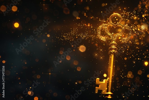 A shiny golden key against a dark black backdrop. Ideal for concepts of security and access photo