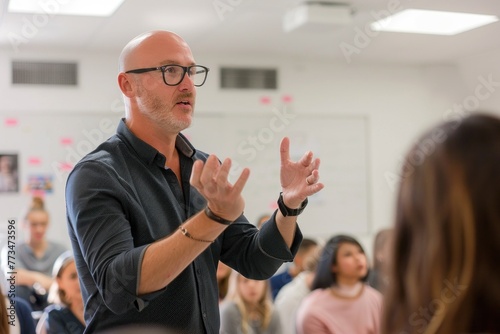 Bald male teacher with glasses gesturing while discussing a topic in a classroom filled with students.