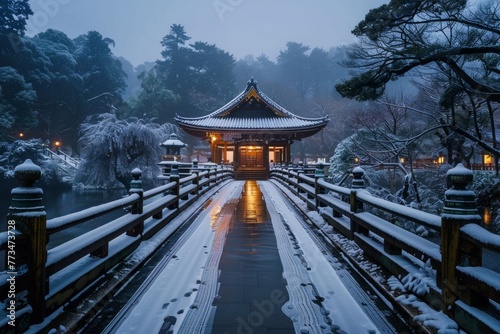 Snowy path leading to a temple in Japan - A peaceful snow-covered bridge and path lead to a traditional Japanese temple during winter photo