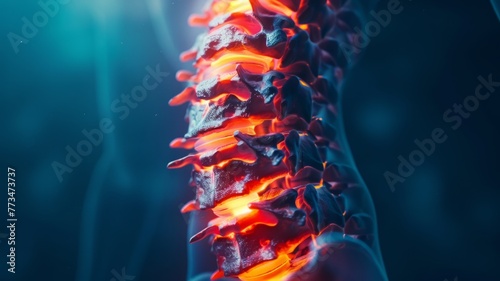 3D of a Glowing Human Spine - A photorealistic 3D of a human spine glowing with red and orange hues depicting spinal health or issues