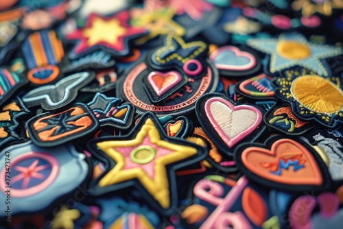 Various colored patches laid out on a table  ideal for sewing or crafting projects