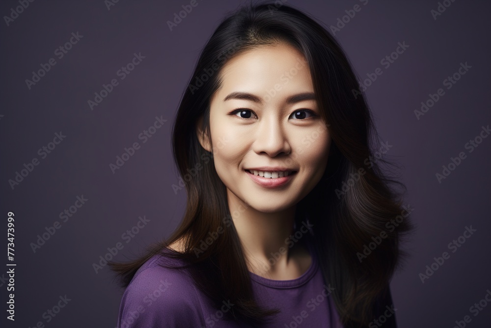 A woman with long hair and a purple shirt is smiling A woman with long hair and a purple shirt is smiling