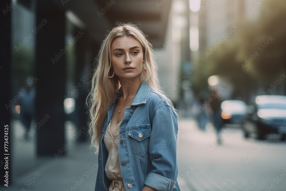 A blonde woman in a denim jacket stands on a city street