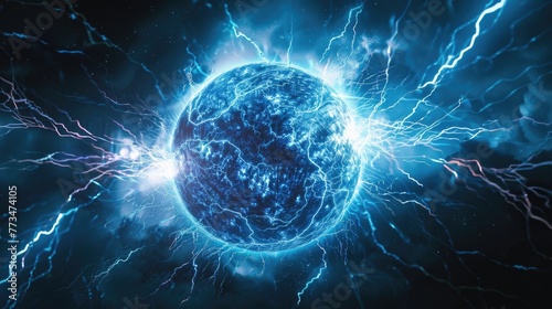A striking blue plasma ball surrounded by lightning. Great for science and technology concepts