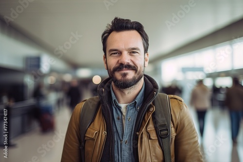 A man with a beard and a backpack is smiling for the camera
