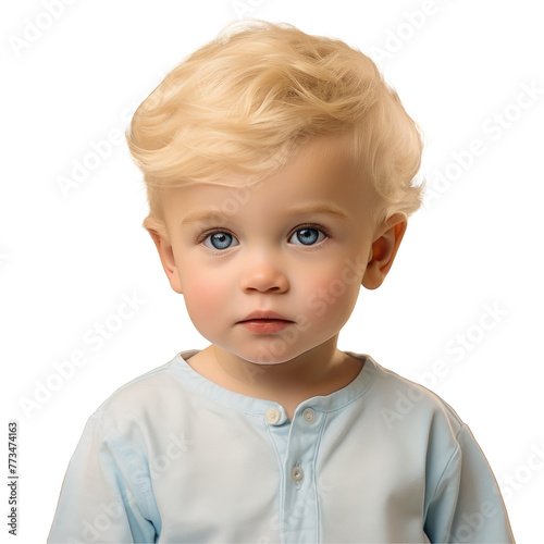 A blondehaired little boy with blue eyes gazes at the camera on transparent photo