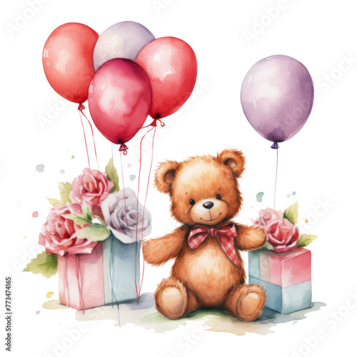 Brown Teddy Bear Sitting With Bunch of Balloons