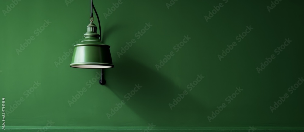 Obraz premium A vibrant green wall is adorned with a hanging ceiling light fixture, creating a modern and stylish atmosphere