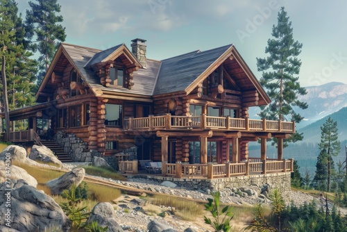 A cozy log cabin with a balcony, perfect for a rustic getaway