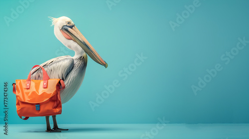 A pelican is carrying a red bag on its back. The bag is orange and has a strap. The image has a playful and whimsical mood, as the pelican is not a typical subject for a photo photo