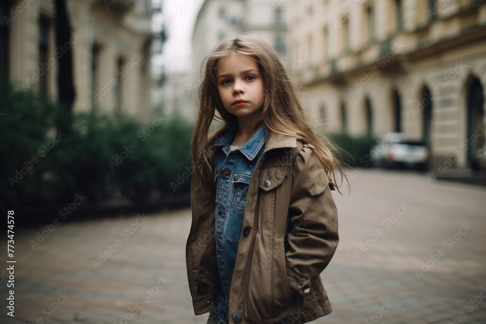 A young girl wearing a brown jacket stands on a sidewalk