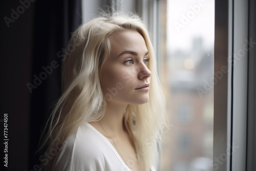 A blonde woman with long hair is looking out the window