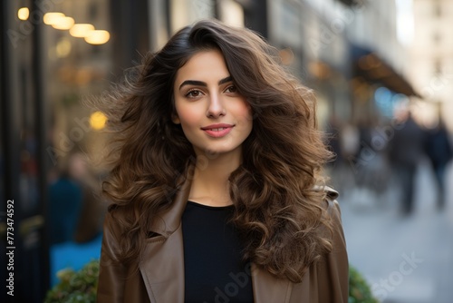 Wallpaper Mural A woman with long brown hair is smiling and standing in front of a building Torontodigital.ca