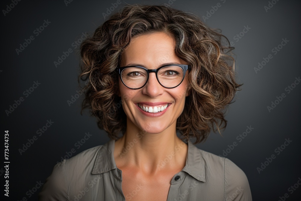 A woman with curly hair and glasses is smiling